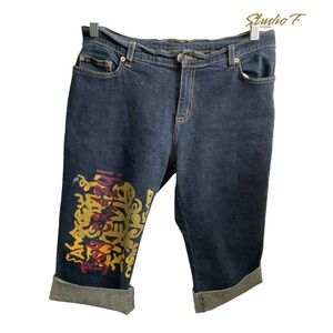 Studio F Capri Dark Blue Denim Cuffed Jean Mid Rise 90% Cotton Shorts Size XL